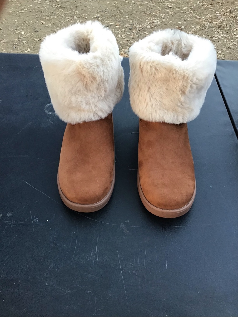 Juicy Couture Brown Suede Slipper Boots with Cream Fur Cuff